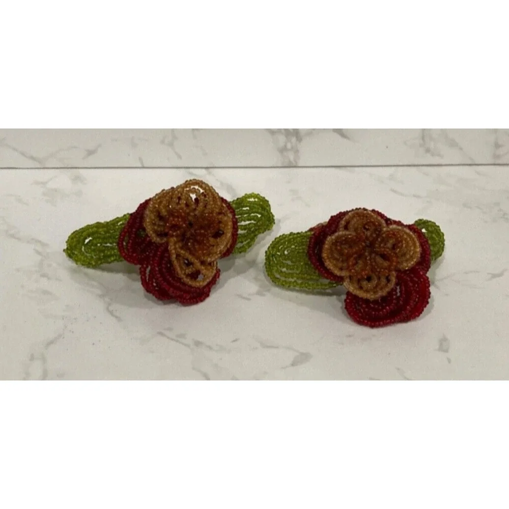 Vintage Beaded Floral Napkin Rings Fall Autumn Bombay Set of 2